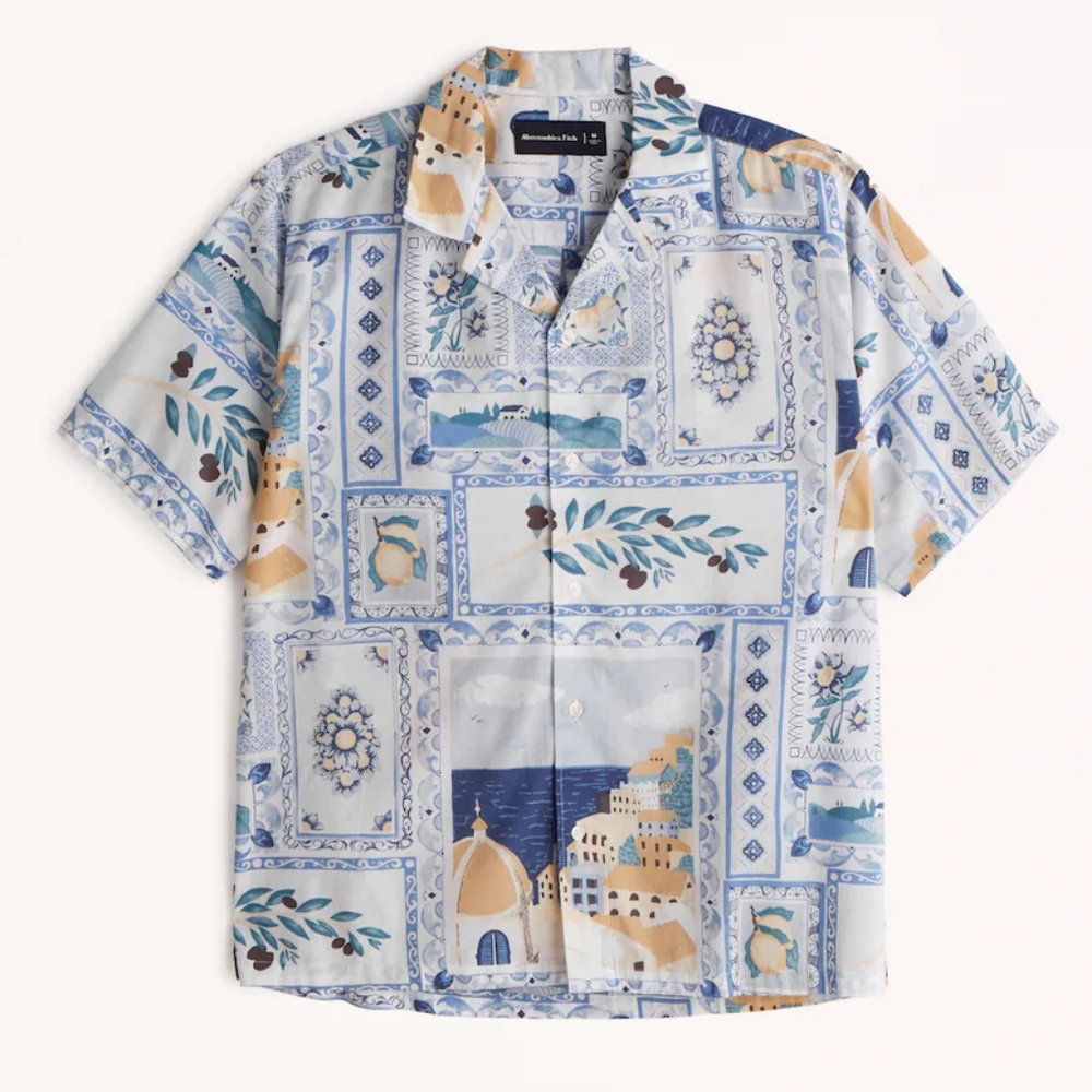 Abercrombie Camp Collar Viscose Cotton Short Sleeve Printed Graphic Shirt NWT